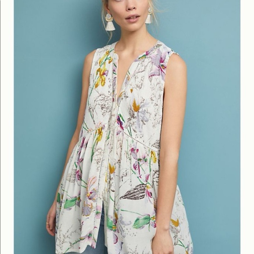 Anthropologie Nia White Floral Button-Down Tunic Top Size 3x High-Low Hem